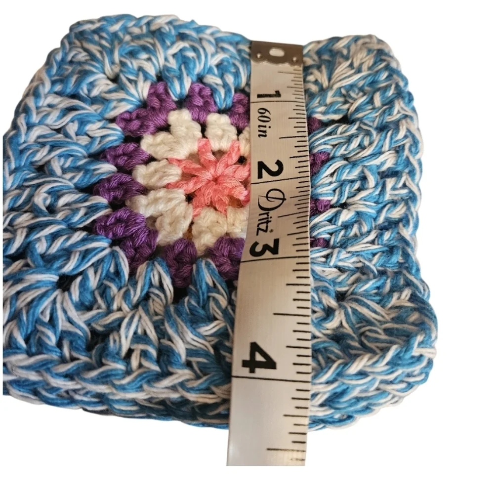 Handmade Turquoise Marl Crochet Granny Square 4-pc Coasters Set 100% Cotton